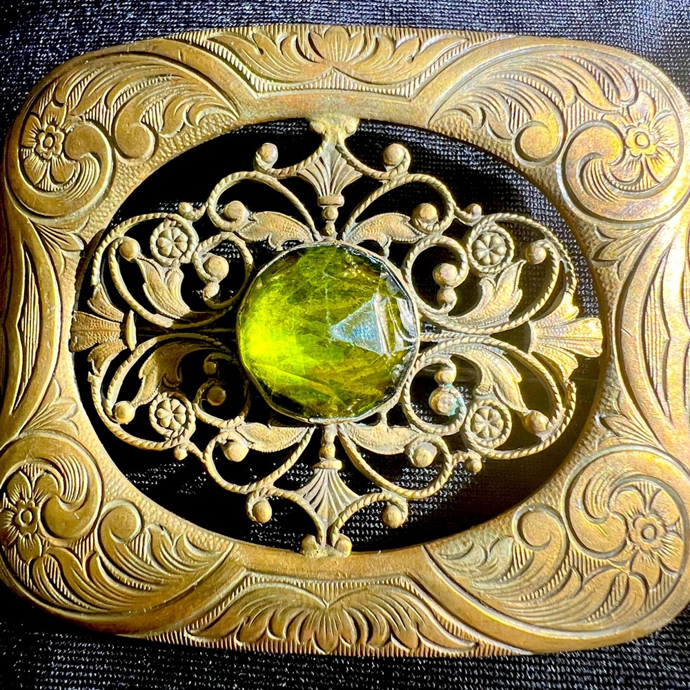 Vintage Gold Brass Brooch with Green Gem-Sash-Brooch